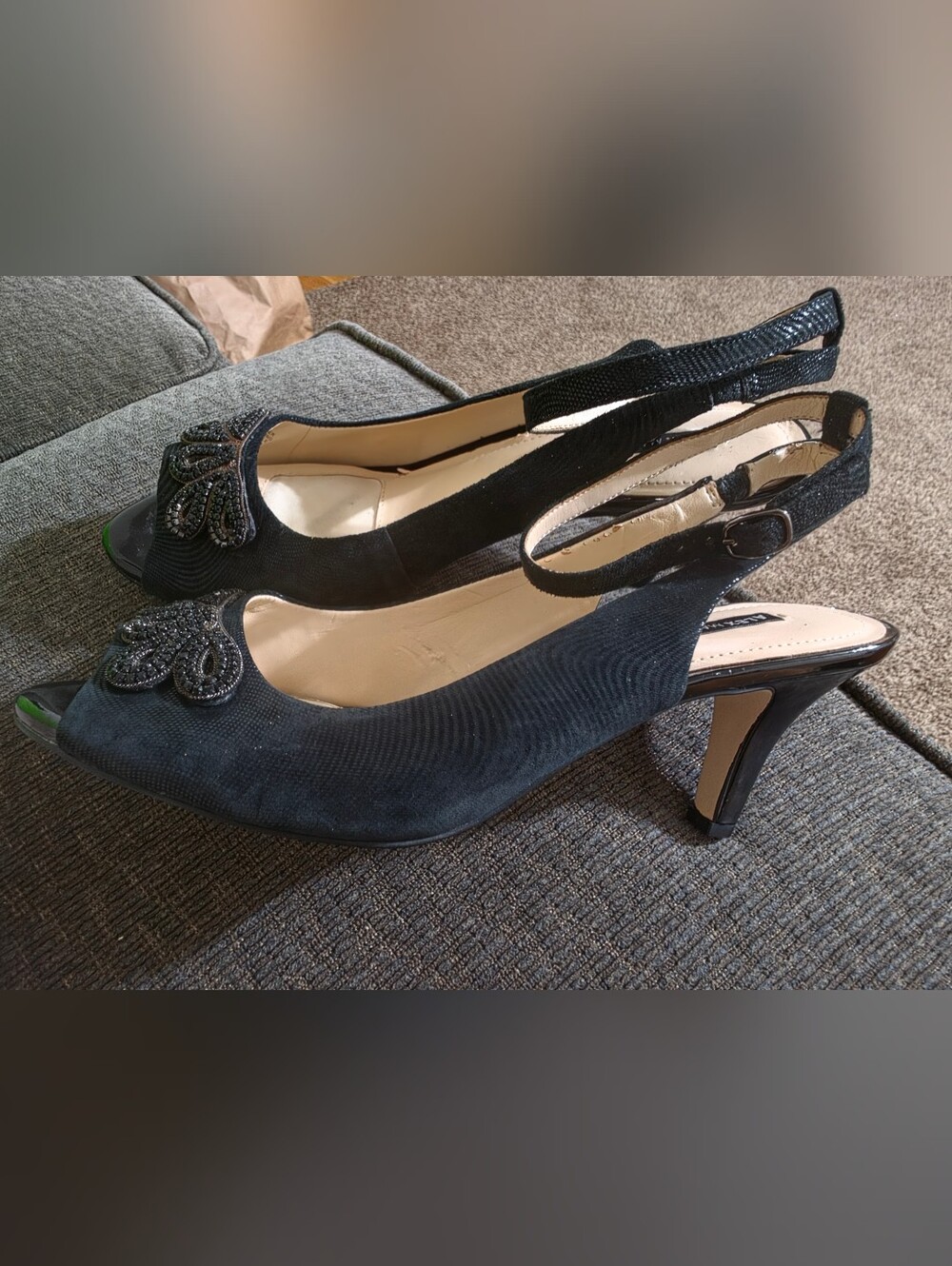 Alex Marie Black Suede Slingback Heels with Beaded Accent